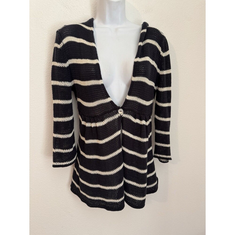 Wooden Ships Paola Buendia Striped Hooded Cardigan Sweater M Blue Coastal Peplum
